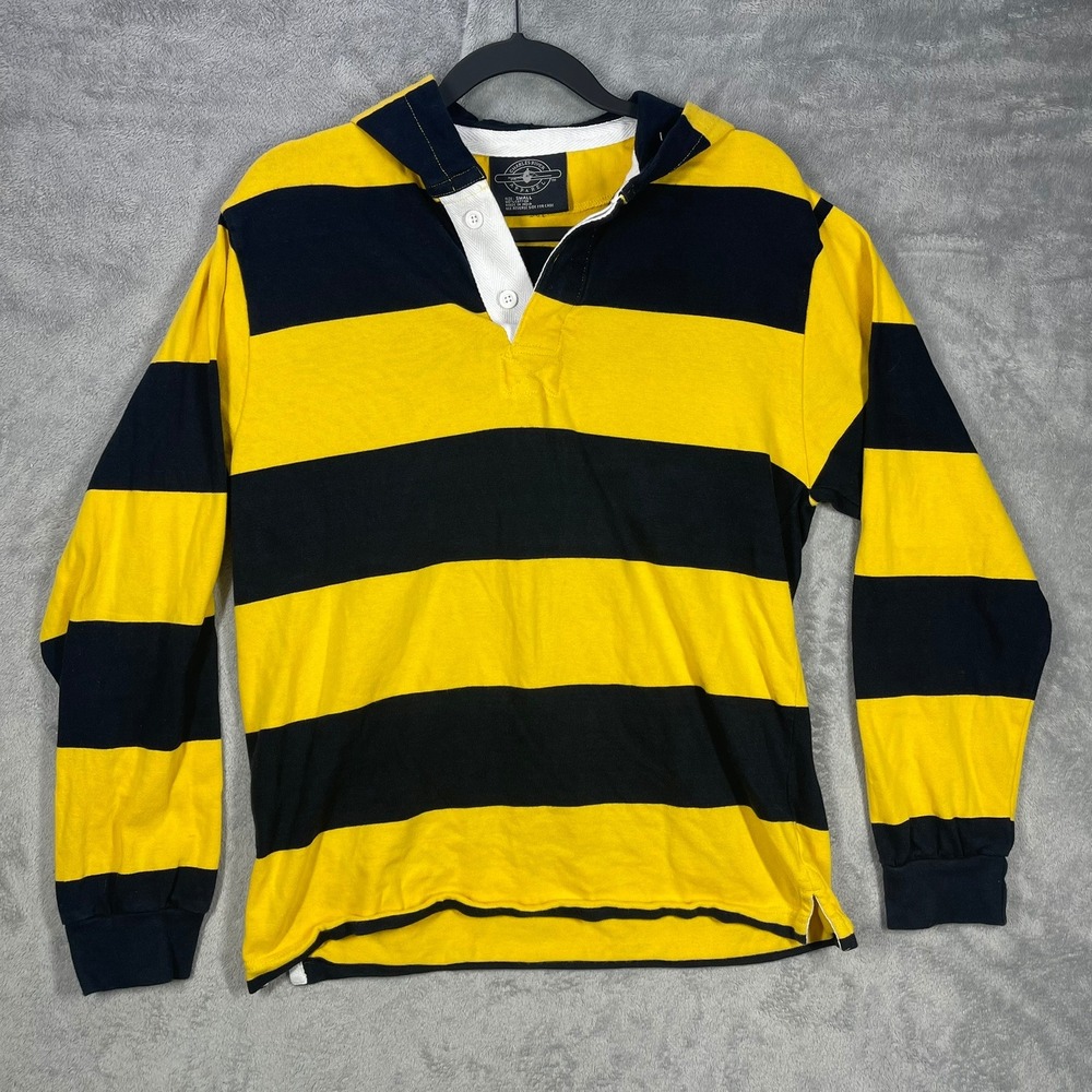 Charles River Apparel Hooded Rugby Polo Mens Small Yellow Navy Striped